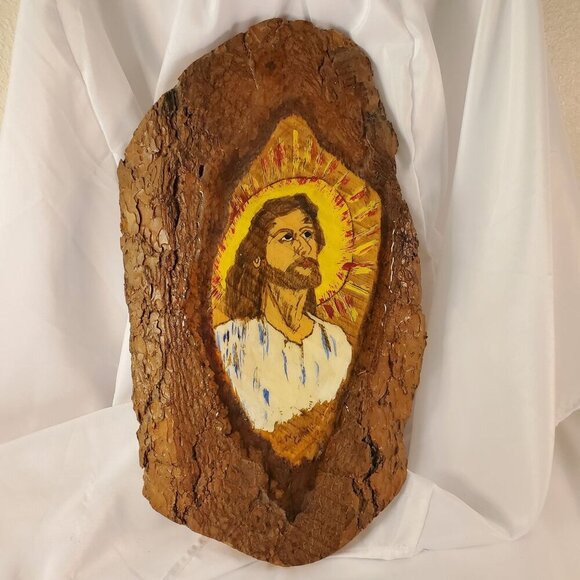 Vintage 1982 Jesus Christ Painting On Black Hills Pine Bark Wall Art 18.5" x 10" - Picture 1 of 12